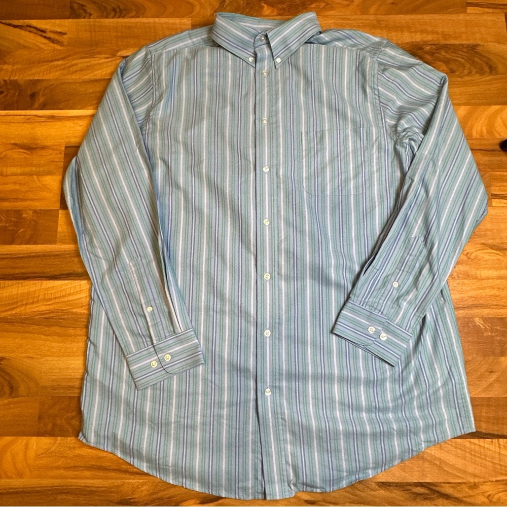 King Size Signature Button Down Shirt Men’s Blue Green Stripe Size 17 35/6 Tall
